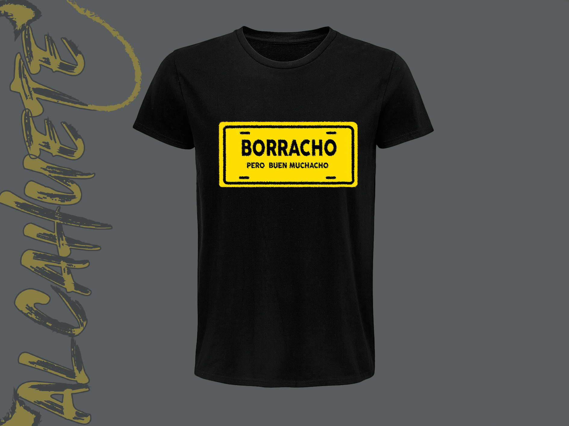 Camiseta negra con estampado amarillo de señal de advertencia que dice "Borracho, pero buen muchacho". Diseño divertido y llamativo.