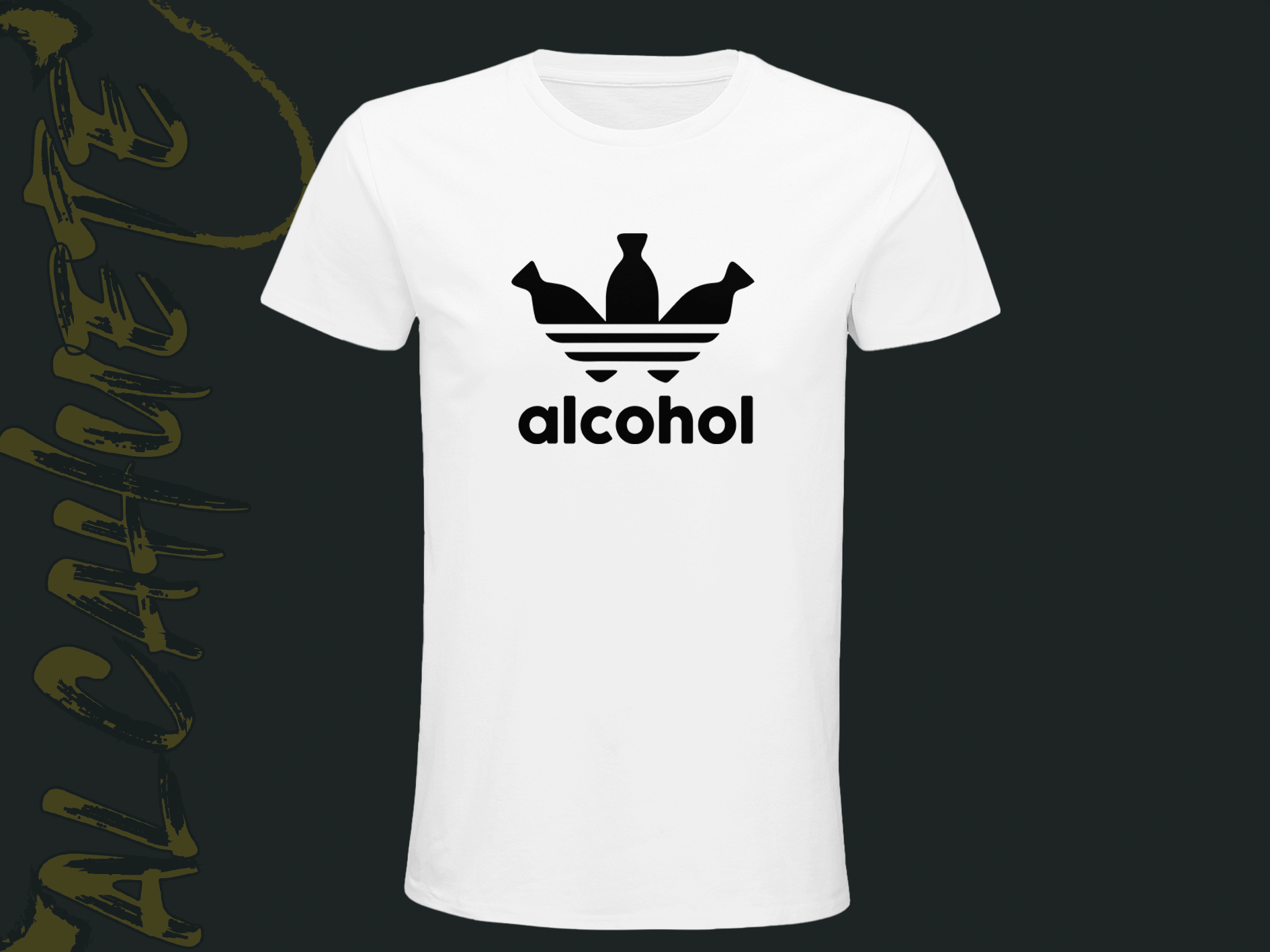 Camiseta blanca con diseño paródico de una marca deportiva, reemplazando el logo con botellas y la palabra "alcohol".