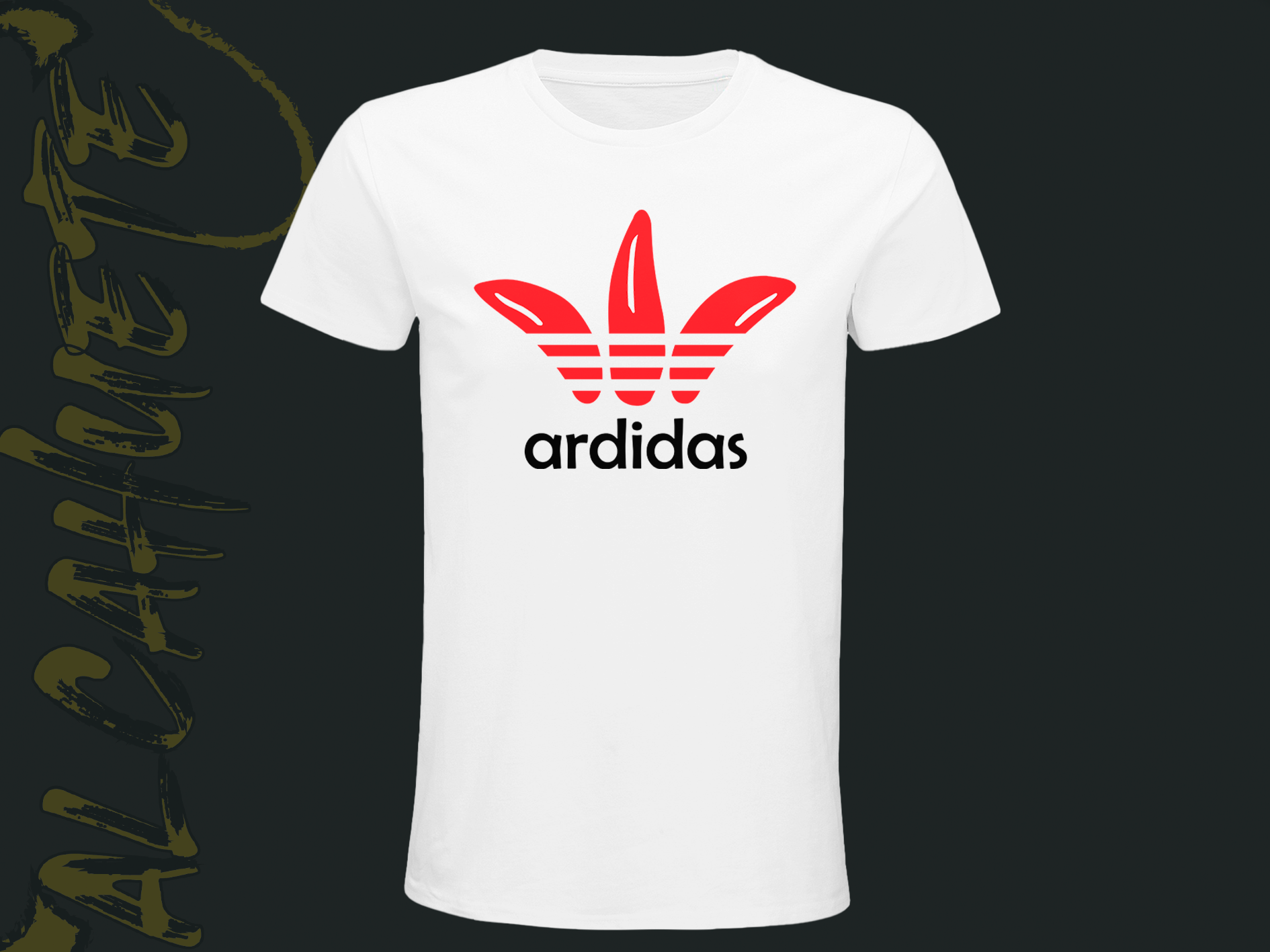 Camiseta blanca con diseño paródico que juega con una marca deportiva y la palabra "Ardidas", con un logo en forma de llamas rojas.