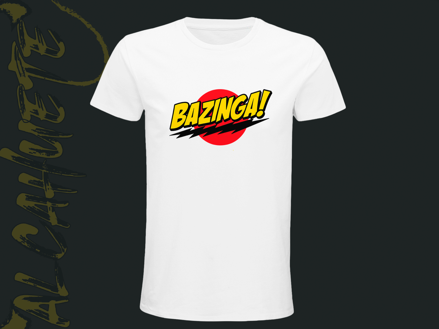 Camiseta blanca con el icónico logo de "Bazinga!" en amarillo y negro sobre un fondo rojo, inspirado en una frase famosa de una serie geek.