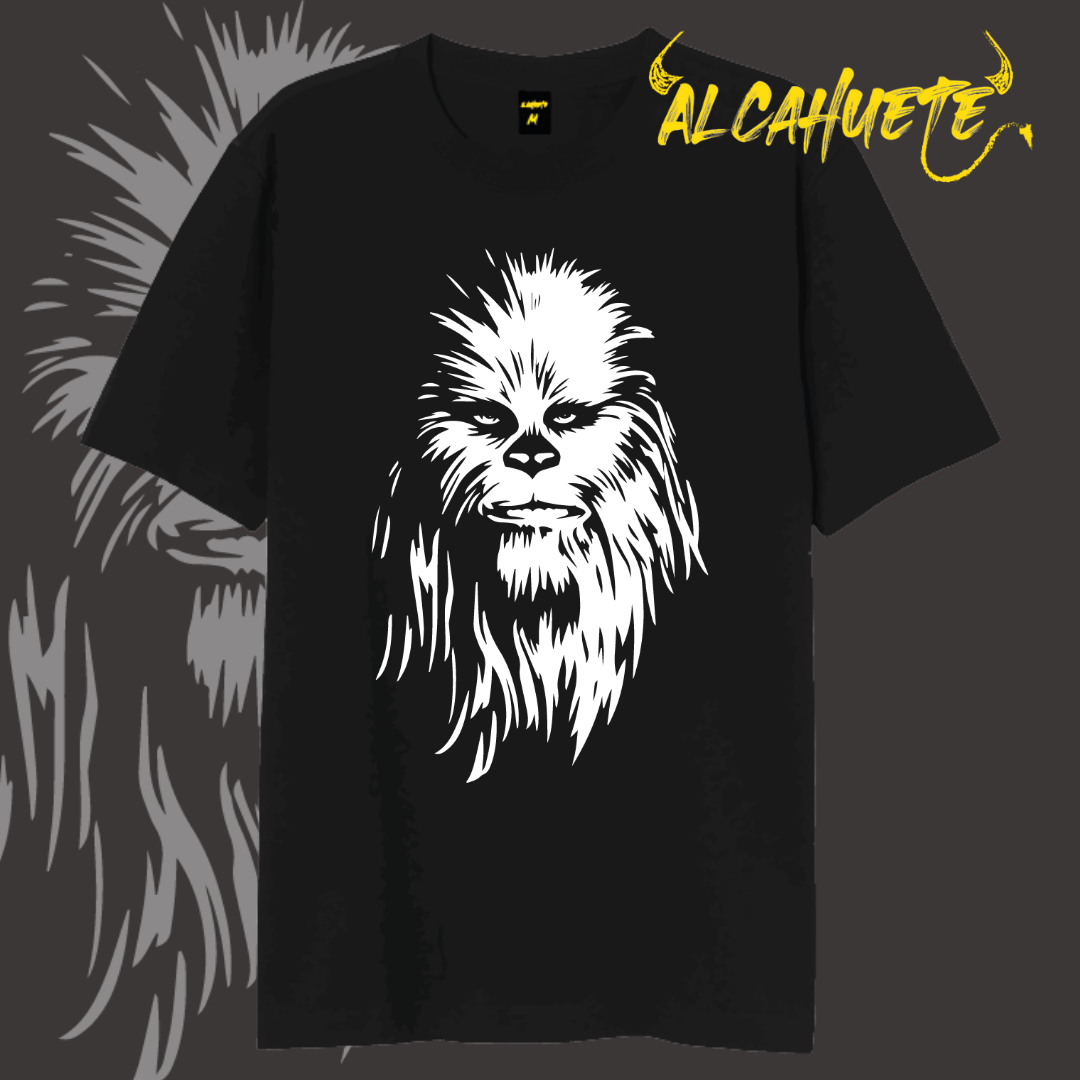 Camiseta negra con un diseño en blanco de la cara de un guerrero wookie, con un estilo artístico detallado y feroz.