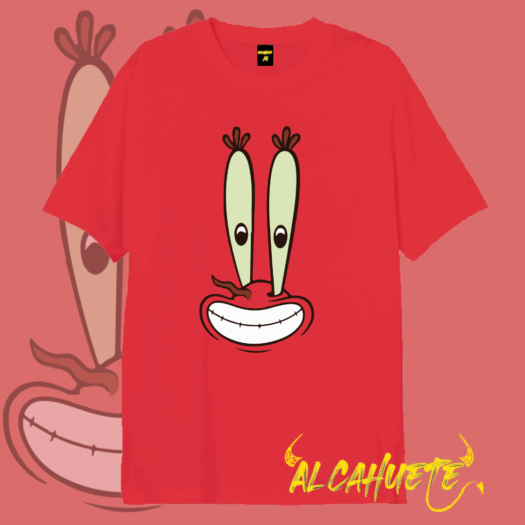 Camiseta roja con el rostro de un personaje animado famoso, ojos saltones y una gran sonrisa.