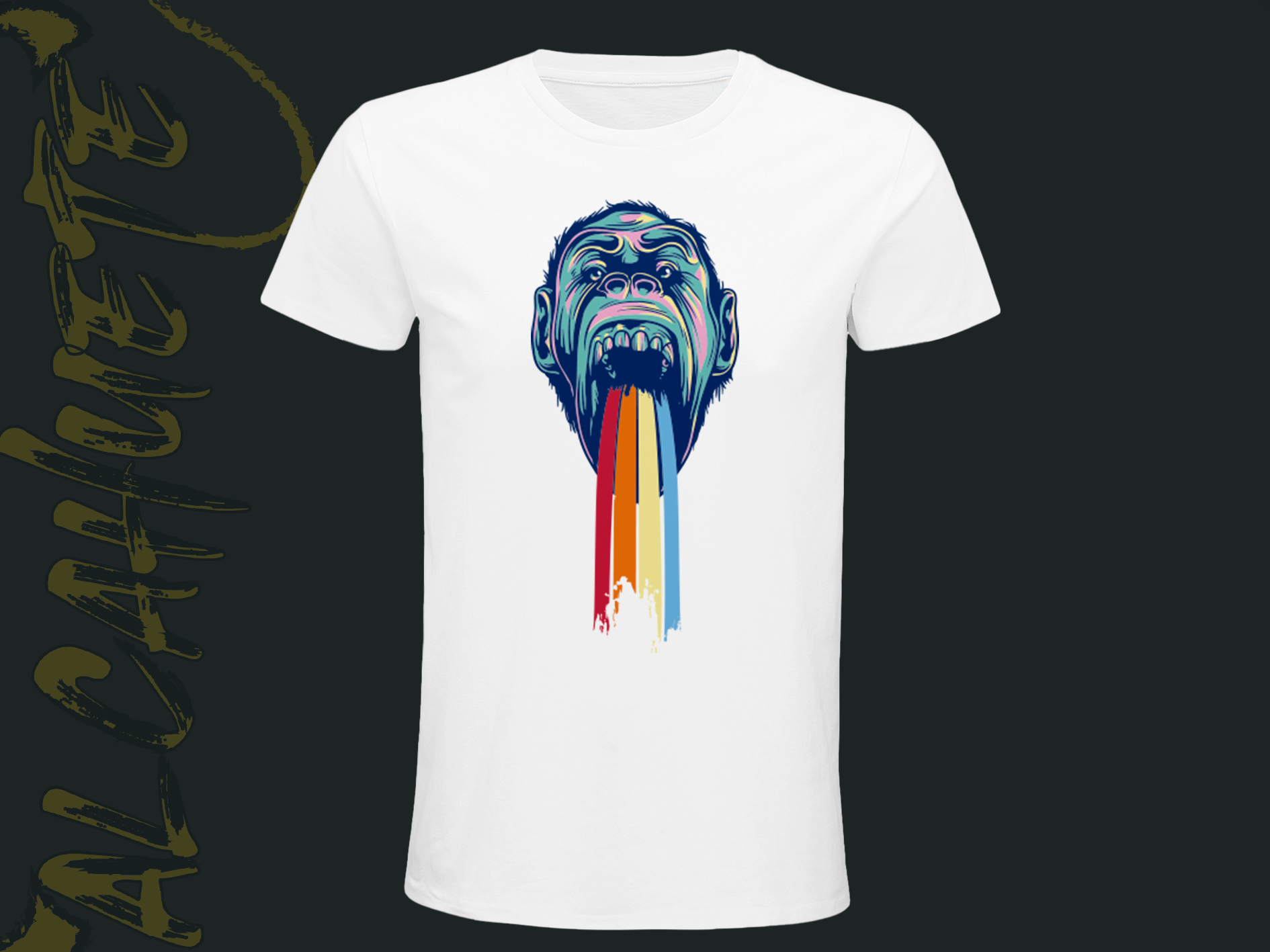 Camiseta blanca con un diseño impactante de un primate con un estilo artístico psicodélico, vomitando un chorro de colores vibrantes.