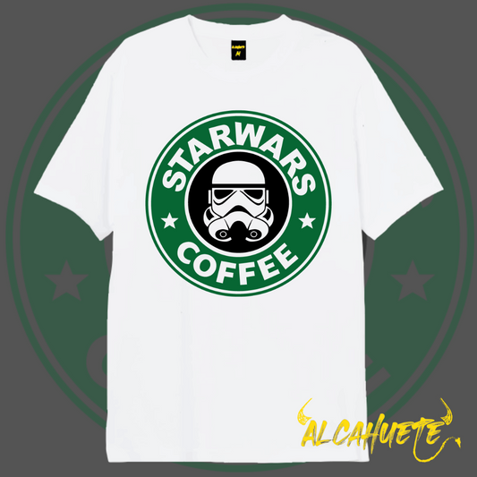 Camiseta blanca con un diseño inspirado en una famosa marca de café, pero con temática de Star Wars y un Stormtrooper en el centro.